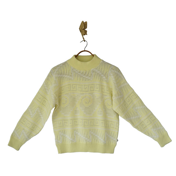 Vintage 80s Jolie USA Greek Key Knit Sweater M Retro Granny Academia Cabincore - Picture 1 of 12